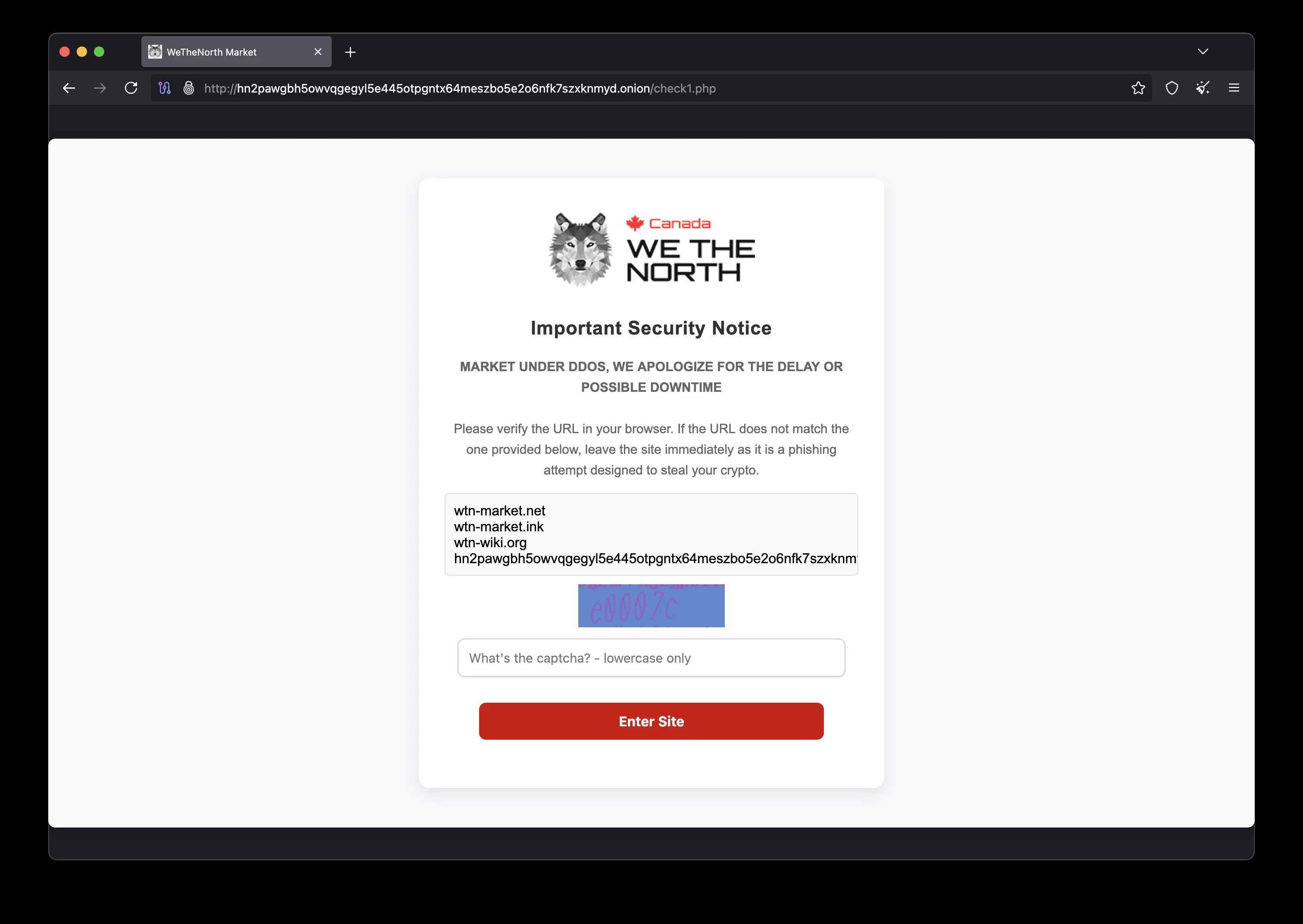 WeTheNorth anti-phishing security verification system showing personal phrase confirmation to protect WTN market users from fake sites