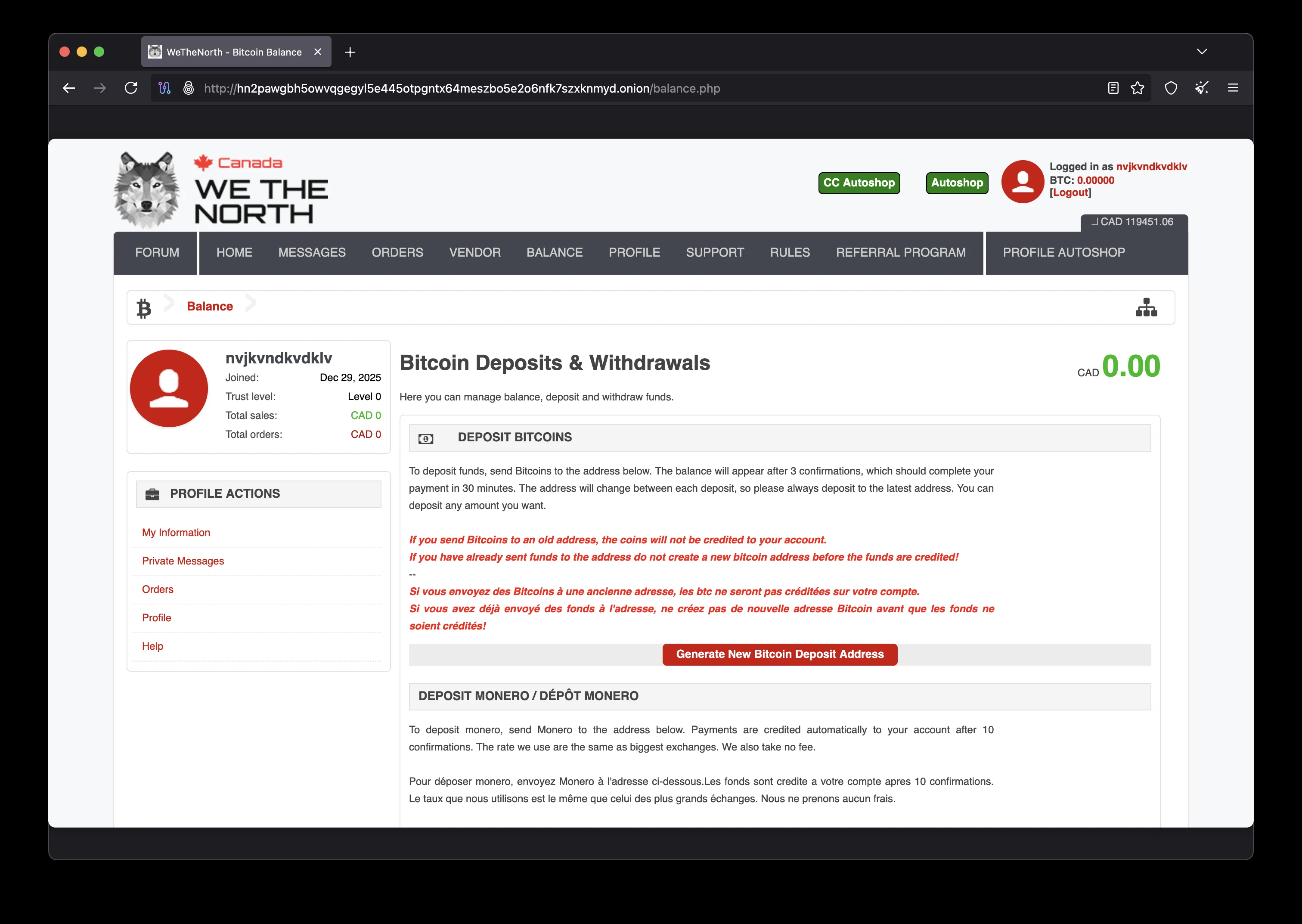 WeTheNorth cryptocurrency deposit interface showing Bitcoin BTC and Monero XMR payment options for WTN market wallet funding