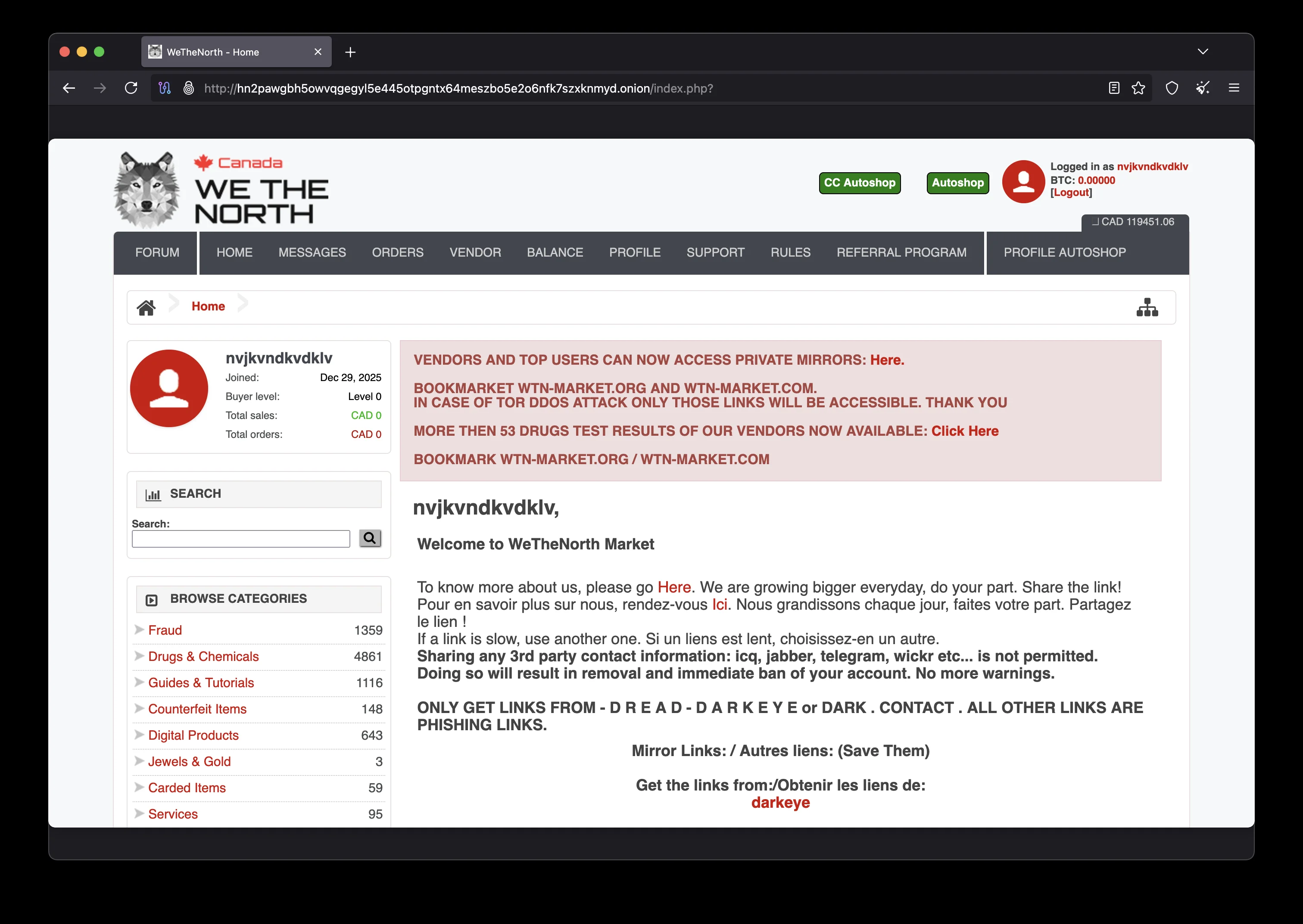 WeTheNorth Market homepage interface showing WTN darknet marketplace main dashboard with product categories, vendor listings, and secure navigation menu - January 2026