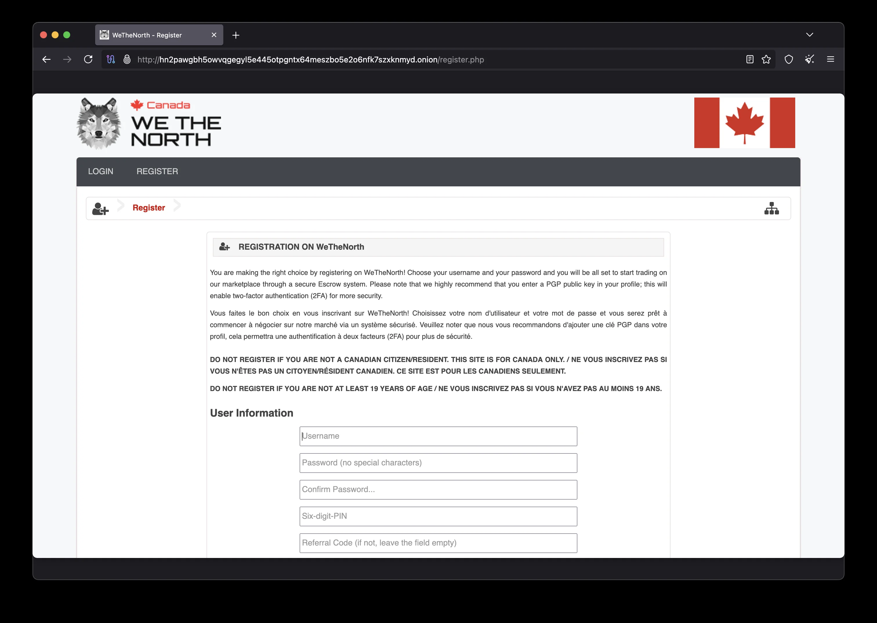 WeTheNorth WTN Market registration form showing new account creation process with security requirements for Canadian darknet marketplace